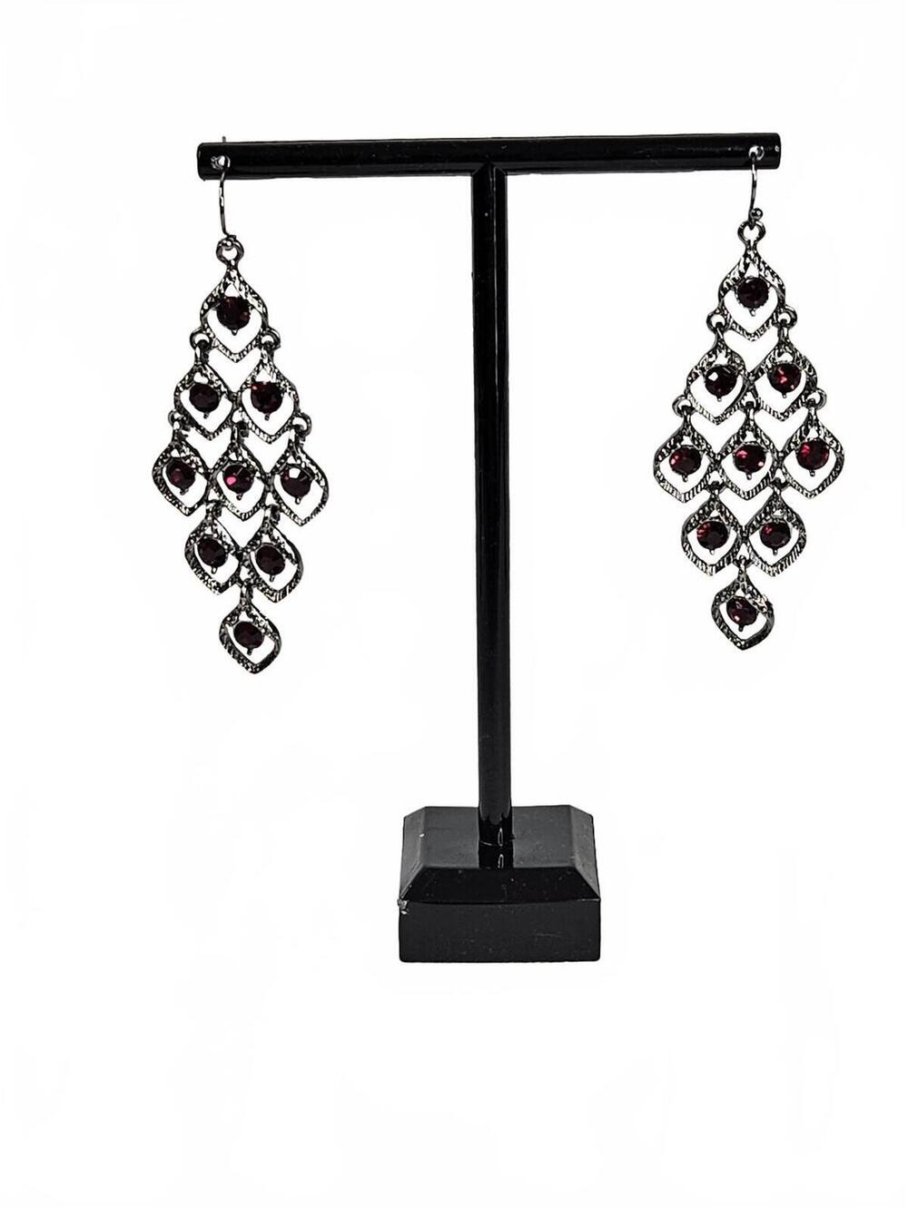 Vintage Style Red/Silver Chandelier Earrings with OpenWork Filagree Metal Frame